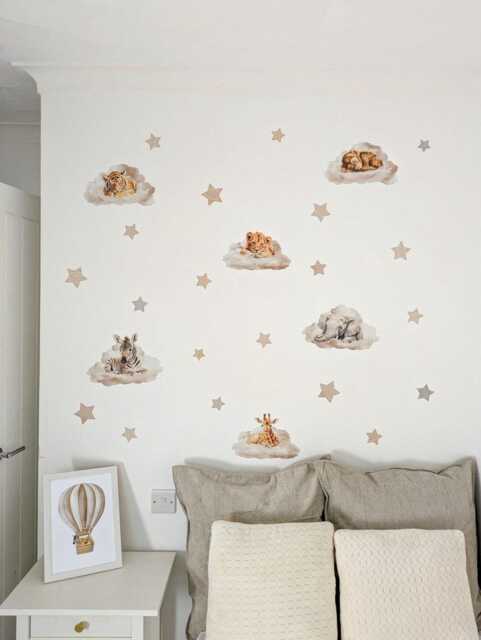 Fabric Nursery Wall Stickers - Safari Animals Sleeping On Clouds Removable Decals For Kids' Bedroom Or Playroom - image 1
