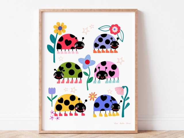 Rainbow Ladybug Kids Wall Art - Digital Download Nursery Print Bright Garden Insects & Flower Illustration Printable Room Decor - image 1
