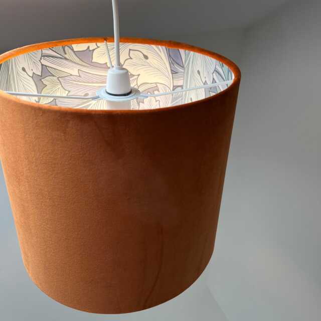 Burnt Orange Velvet Drum Lampshade, Double Sided Lampshade With Acanthus Blue Leaves Paper Interior, William Morris - image 1