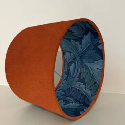 Burnt Orange Velvet Drum Lampshade, Double Sided Lampshade With Acanthus Blue Leaves Paper Interior, William Morris - thumbnail 2