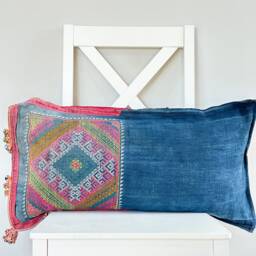 "Indigo Hmong Lumbar Pillow Cover Hand Woven Hemp, Tribal Design - 12"" X 24" - thumbnail 2