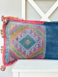"Indigo Hmong Lumbar Pillow Cover Hand Woven Hemp, Tribal Design - 12"" X 24" - thumbnail 1