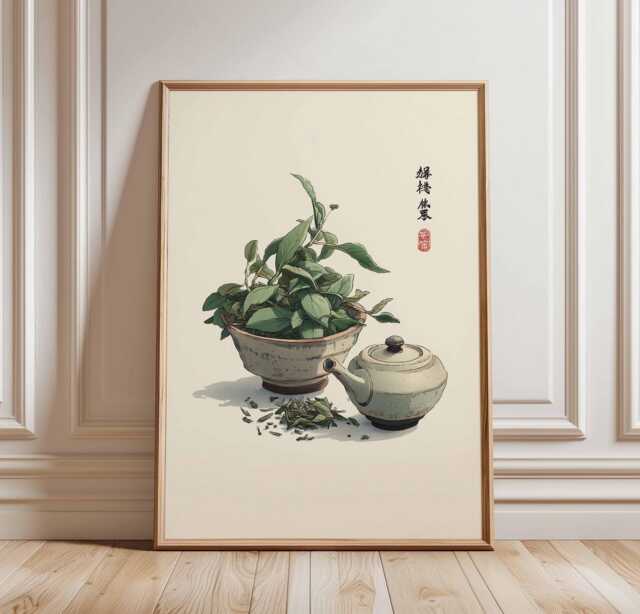 Japanese Tea Poster, Herbal Wall Art, Asian Kitchen Decor, Minimalist Zen Print, Traditional Pot Illustration, Botanical Artwork - image 1