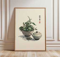 Japanese Tea Poster, Herbal Wall Art, Asian Kitchen Decor, Minimalist Zen Print, Traditional Pot Illustration, Botanical Artwork - thumbnail 1