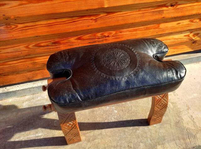 Moroccan Black Camel Saddle Stool, Ottoman Bench Seat, Wooden Stool With Genuine Leather Cushion, Bohemian Small Stool