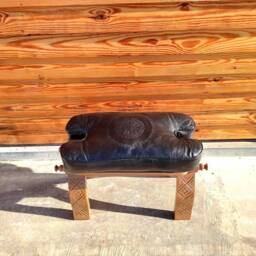 Moroccan Black Camel Saddle Stool, Ottoman Bench Seat, Wooden Stool With Genuine Leather Cushion, Bohemian Small Stool - thumbnail 2