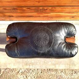 Moroccan Black Camel Saddle Stool, Ottoman Bench Seat, Wooden Stool With Genuine Leather Cushion, Bohemian Small Stool - thumbnail 3