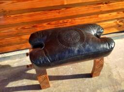 Moroccan Black Camel Saddle Stool, Ottoman Bench Seat, Wooden Stool With Genuine Leather Cushion, Bohemian Small Stool - thumbnail 1