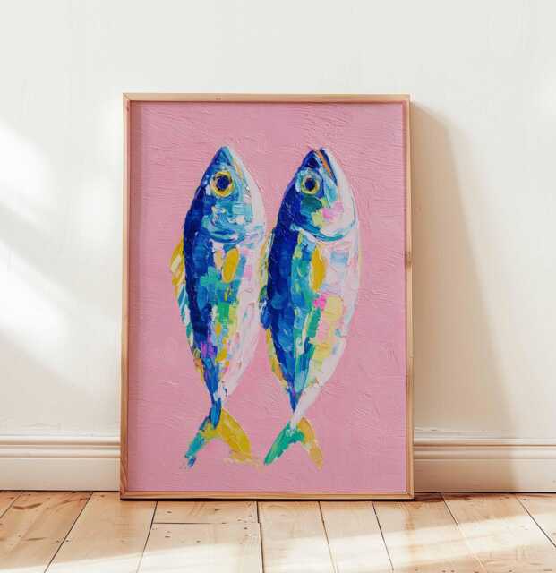 Blue Fish Wall Art, Nautical Kitchen Poster, Coastal Print, Scandinavian Sea Decor, Bold Linocut Artwork - image 1