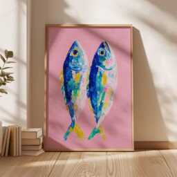 Blue Fish Wall Art, Nautical Kitchen Poster, Coastal Print, Scandinavian Sea Decor, Bold Linocut Artwork - thumbnail 2