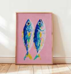 Blue Fish Wall Art, Nautical Kitchen Poster, Coastal Print, Scandinavian Sea Decor, Bold Linocut Artwork - thumbnail 1