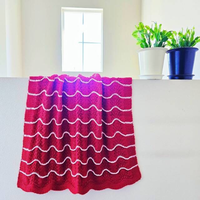 Handmade Red Knit Crochet Baby Afghan Blanket Throw Newborn Infant Wave Trim Burgundy Wine - image 1