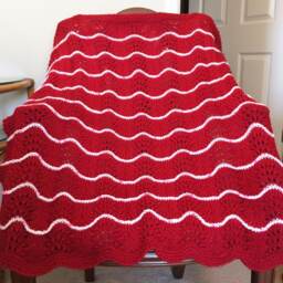 Handmade Red Knit Crochet Baby Afghan Blanket Throw Newborn Infant Wave Trim Burgundy Wine - thumbnail 2