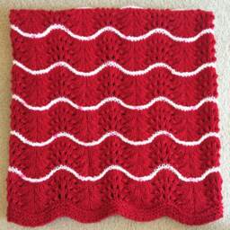 Handmade Red Knit Crochet Baby Afghan Blanket Throw Newborn Infant Wave Trim Burgundy Wine - thumbnail 3