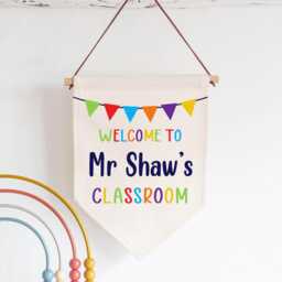 Personalised Teacher Sign - Custom Name Linen Flag Thank You Gift For Appreciation End Of Year Classroom Wall Art Door Hanger - thumbnail 1