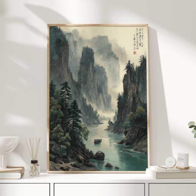 Chinese Mountain Landscape Wall Art Print, Traditional Ink Style River Painting, Serene Asian Nature Decor For Living Room - image 1