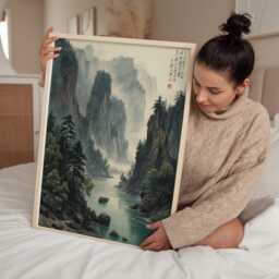 Chinese Mountain Landscape Wall Art Print, Traditional Ink Style River Painting, Serene Asian Nature Decor For Living Room - thumbnail 3