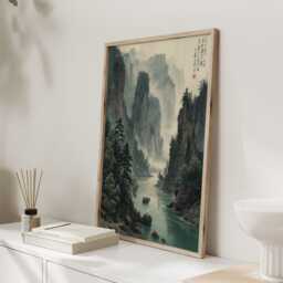 Chinese Mountain Landscape Wall Art Print, Traditional Ink Style River Painting, Serene Asian Nature Decor For Living Room - thumbnail 2