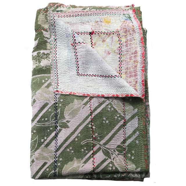 Sale Kantha Throw - Beige With Olive Green Floral Patterns. Reverse Stone Multicolour Details.- Unique/One Of A Kind/Vintage - image 1