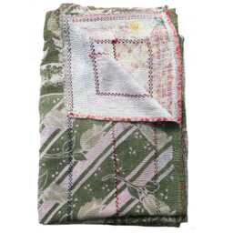 Sale Kantha Throw - Beige With Olive Green Floral Patterns. Reverse Stone Multicolour Details.- Unique/One Of A Kind/Vintage