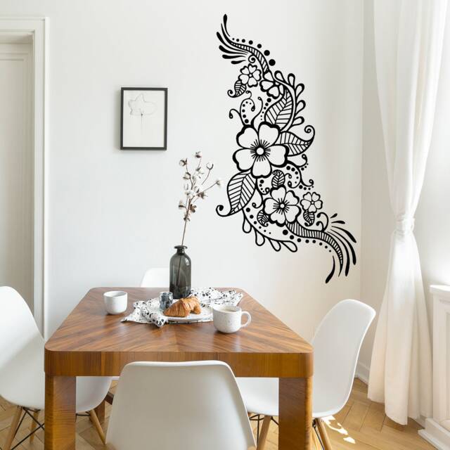 Henna Tattoo Wall Vinyl Sticker - Floral Flower Mandala Art Paisley Mehndi Indian Decal Decor Inspired Stencil Black Home Room Joga Mural - image 1