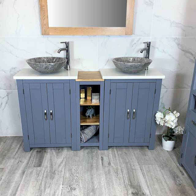 Bathroom Vanity Unit - Sink Washstand Slimline Grey Painted With White Quartz Worktop & Sit On Basins Taps Plugs Included - image 1
