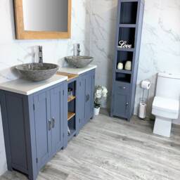 Bathroom Vanity Unit - Sink Washstand Slimline Grey Painted With White Quartz Worktop & Sit On Basins Taps Plugs Included - thumbnail 2