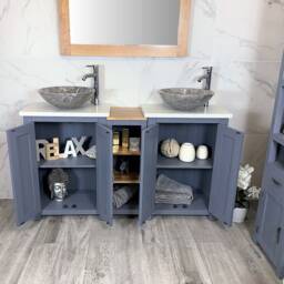 Bathroom Vanity Unit - Sink Washstand Slimline Grey Painted With White Quartz Worktop & Sit On Basins Taps Plugs Included - thumbnail 3