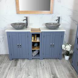 Bathroom Vanity Unit - Sink Washstand Slimline Grey Painted With White Quartz Worktop & Sit On Basins Taps Plugs Included