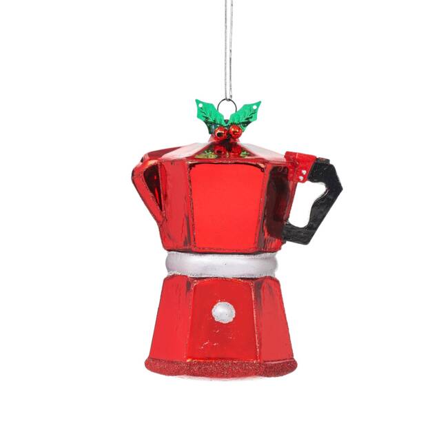 Red Coffee Pot Espresso Maker Christmas Tree Decoration - Festive Winter Hygge Cosy Warm Fire Latte Americano Flat White Barista Gift