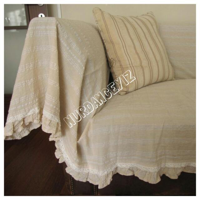 Sofa Throw Cover Rectangle-Ruffled-Large Couch Coverlet - Pet Furniture Protectors -Lightweight White Ivory Buldan Fabric Nurdanceyiz Turkey - image 1