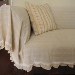 Sofa Throw Cover Rectangle-Ruffled-Large Couch Coverlet - Pet Furniture Protectors -Lightweight White Ivory Buldan Fabric Nurdanceyiz Turkey - thumbnail 2
