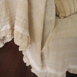 Sofa Throw Cover Rectangle-Ruffled-Large Couch Coverlet - Pet Furniture Protectors -Lightweight White Ivory Buldan Fabric Nurdanceyiz Turkey - thumbnail 3