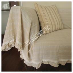 Sofa Throw Cover Rectangle-Ruffled-Large Couch Coverlet - Pet Furniture Protectors -Lightweight White Ivory Buldan Fabric Nurdanceyiz Turkey - thumbnail 1