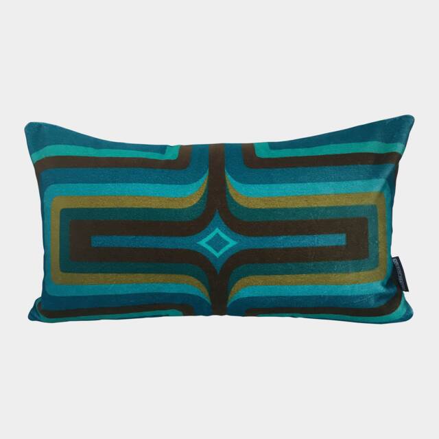 Geometric Velvet Printed Cushion - Turquoise + Brown - image 1