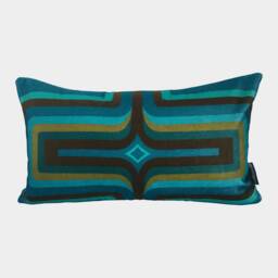Geometric Velvet Printed Cushion - Turquoise + Brown - thumbnail 1
