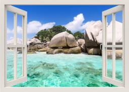Seychelles Wall Decal, Beach Tropics 3D Window View Frame, Sea From Home Mural