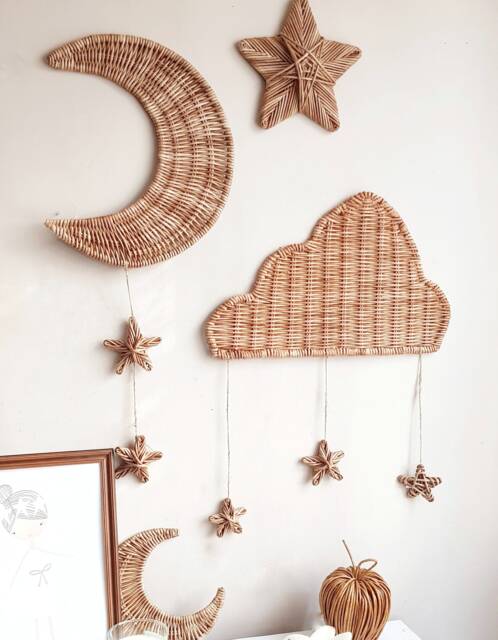 Wicker Moon & Stars Wall Decor Celestial Nursery Art - image 1