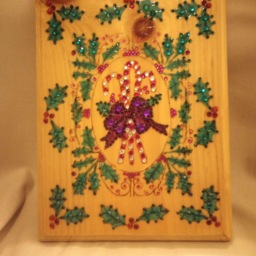 Candy Canes & Holly Christmas Wall Hanging Wood Burned, Painted Embellished With Colored Crystals Rhinestones - thumbnail 3