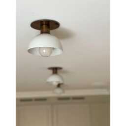 Brass Flush Mount Ceiling Light, White Dome Lamp, Minimalist Modern Lighting, Mid Century Fixture - thumbnail 1