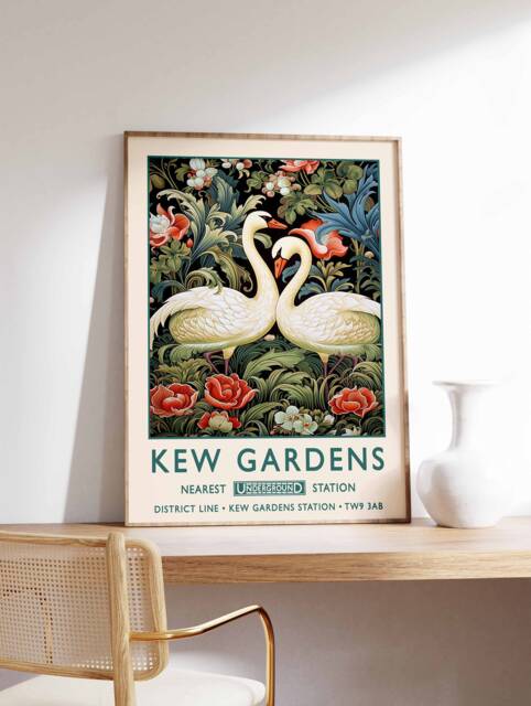 William Morris Swan Print, Kew Gardens London Poster, Vintage Wall Art, Floral Poster - image 1