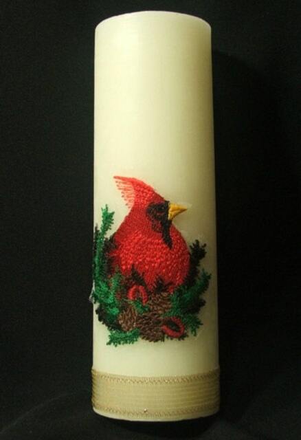 Candle, Pillar With Applied Embroidered Red Cardinal & Pine Made To Order - image 1