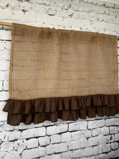 Burlap Curtain With Double Linen Ruffle, Primitive Farmhouse Style - image 1