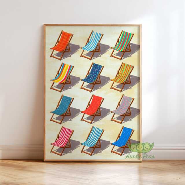 Colorful Beach Deck Chair Wall Art, Retro Print, Summer Coastal Poster, Mid Century Modern Decor, Ocean Seaside House - image 1