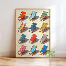Colorful Beach Deck Chair Wall Art, Retro Print, Summer Coastal Poster, Mid Century Modern Decor, Ocean Seaside House - thumbnail 1