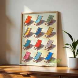 Colorful Beach Deck Chair Wall Art, Retro Print, Summer Coastal Poster, Mid Century Modern Decor, Ocean Seaside House - thumbnail 3