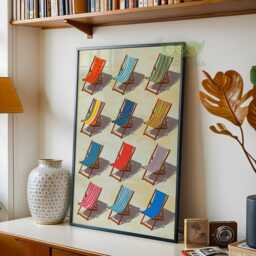 Colorful Beach Deck Chair Wall Art, Retro Print, Summer Coastal Poster, Mid Century Modern Decor, Ocean Seaside House - thumbnail 2