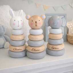 Wooden Stacking Rings Baby Toy/Laser Engraved Personalised Name Bear, Bunny Or Elephant 15cm