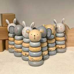 Wooden Stacking Rings Baby Toy/Laser Engraved Personalised Name Bear, Bunny Or Elephant 15cm - thumbnail 2