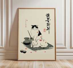 Japanese Cats Art Print, Sumi-E Ink Wash Wall Decor, Lucky Cat Poster, Sake Illustration - thumbnail 1